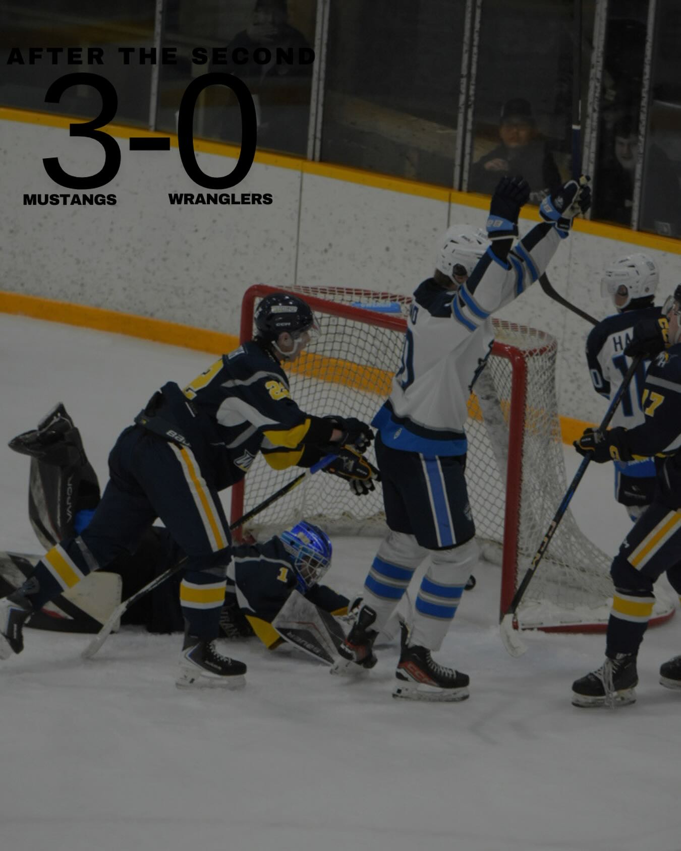 After the second period 3-0 Mustangs

Mustangs Goals:
#20 HOLLAND
#20 HOLLAND 
#19 DESABRAIS