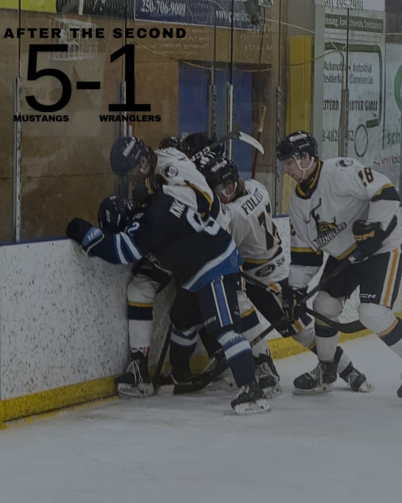 After the second period 5-1 Mustangs

Mustangs Goals:
#29 SWANSON 
#19 DESABRAIS