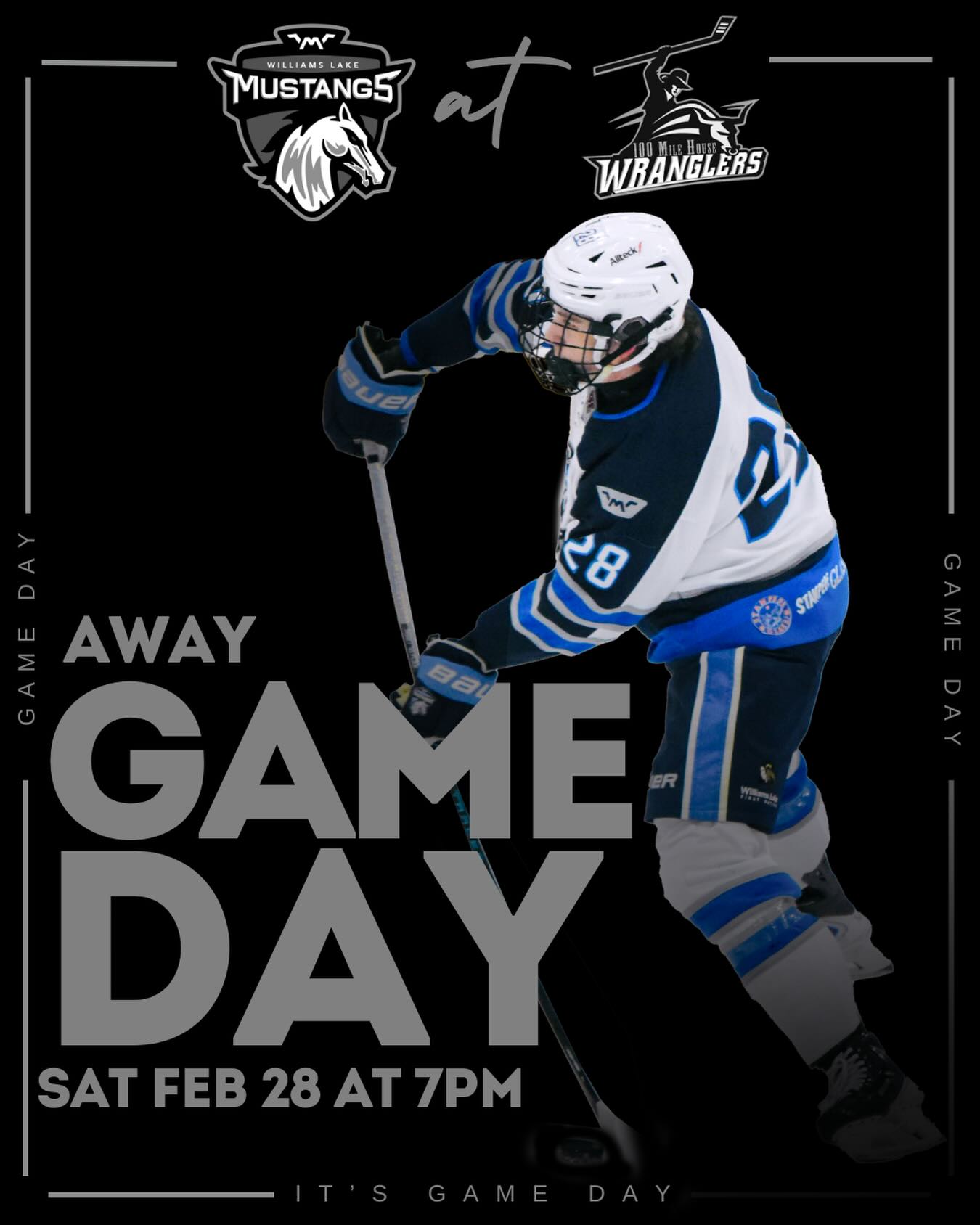 Our final regular season game for the 2025/26 season! 

The Mustangs are on the road down to visit the @100milewranglersjrhockey 

Puck drop 7PM
Tickets available on Showpass
Watch live on FloHockey