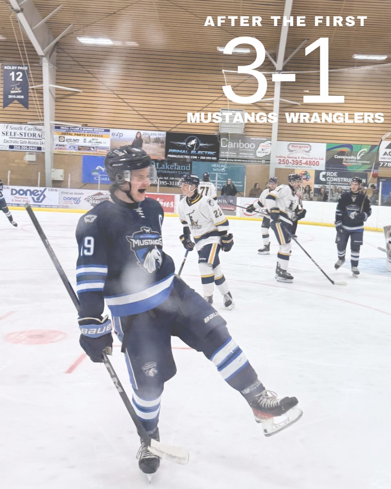 After the first period 3-1 Mustangs 

Mustangs goals:
#19 DESABRAIS
#29 SWANSON
#20 HOLLAND